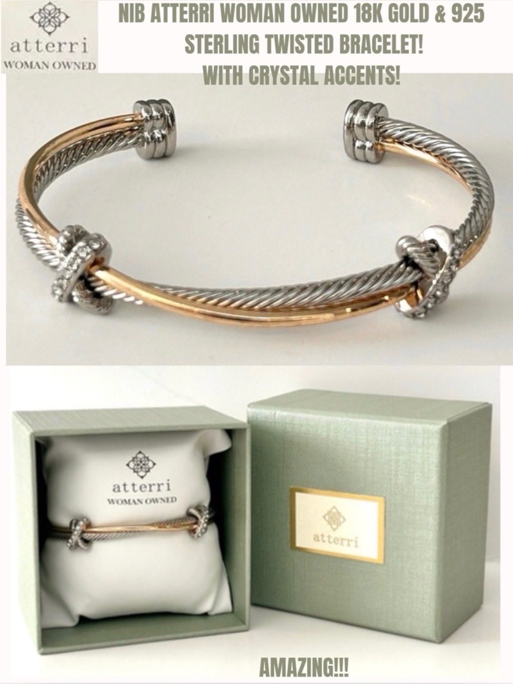 NEW IN BOW ATTERRI TWO-TONED CRYSTAL BRACELET! WITH CRYSTAL ACCENTS!